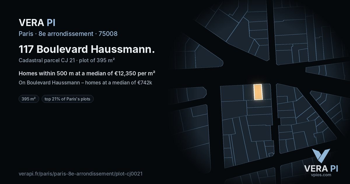 117 Boulevard Haussmann, 8e arrondissement at night – the plot lit, the parcels around coloured by the prices near them