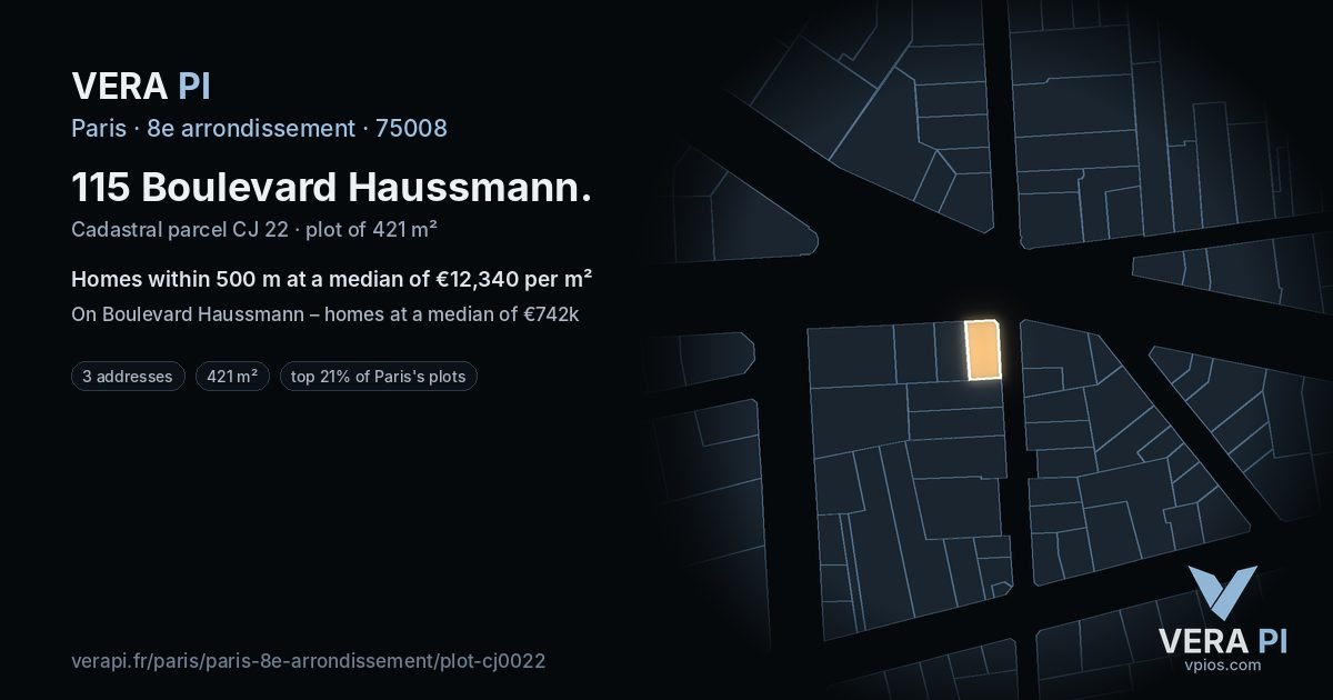 115 Boulevard Haussmann, 8e arrondissement at night – the plot lit, the parcels around coloured by the prices near them