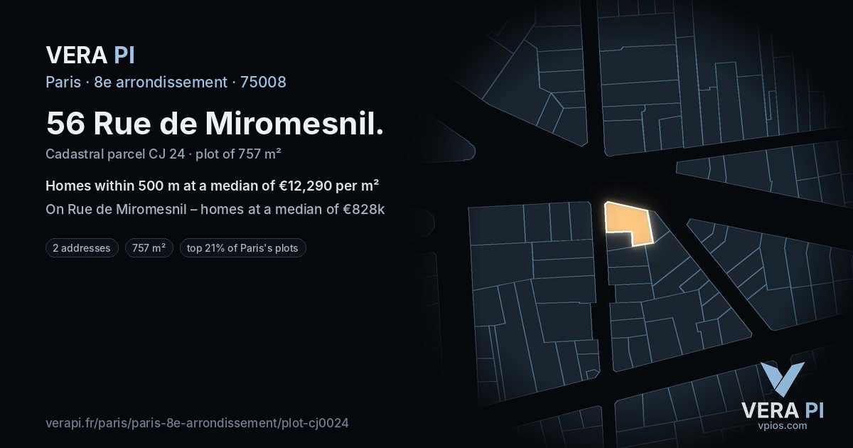 56 Rue de Miromesnil, 8e arrondissement at night – the plot lit, the parcels around coloured by the prices near them