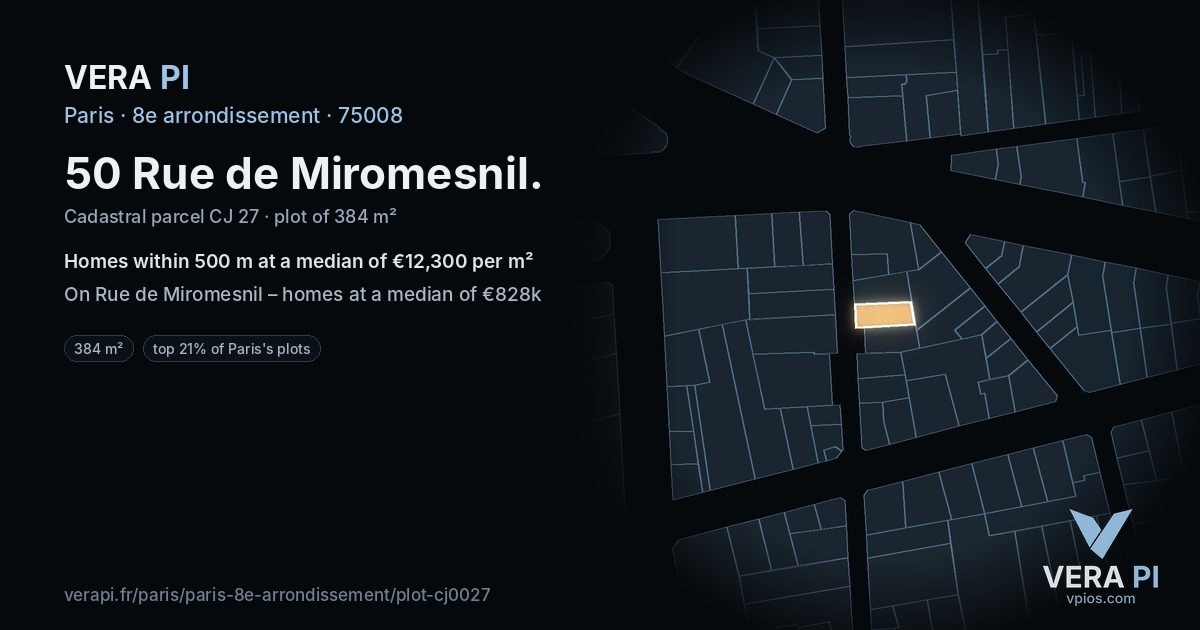 50 Rue de Miromesnil, 8e arrondissement at night – the plot lit, the parcels around coloured by the prices near them