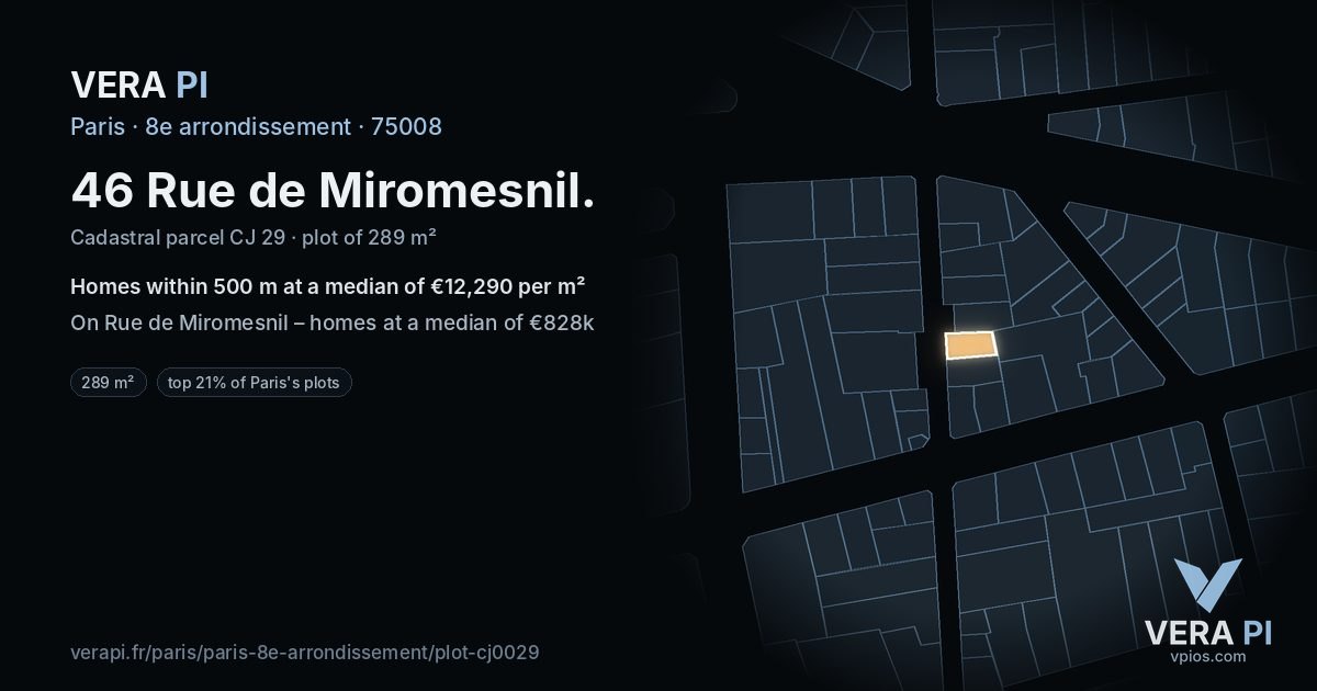 46 Rue de Miromesnil, 8e arrondissement at night – the plot lit, the parcels around coloured by the prices near them