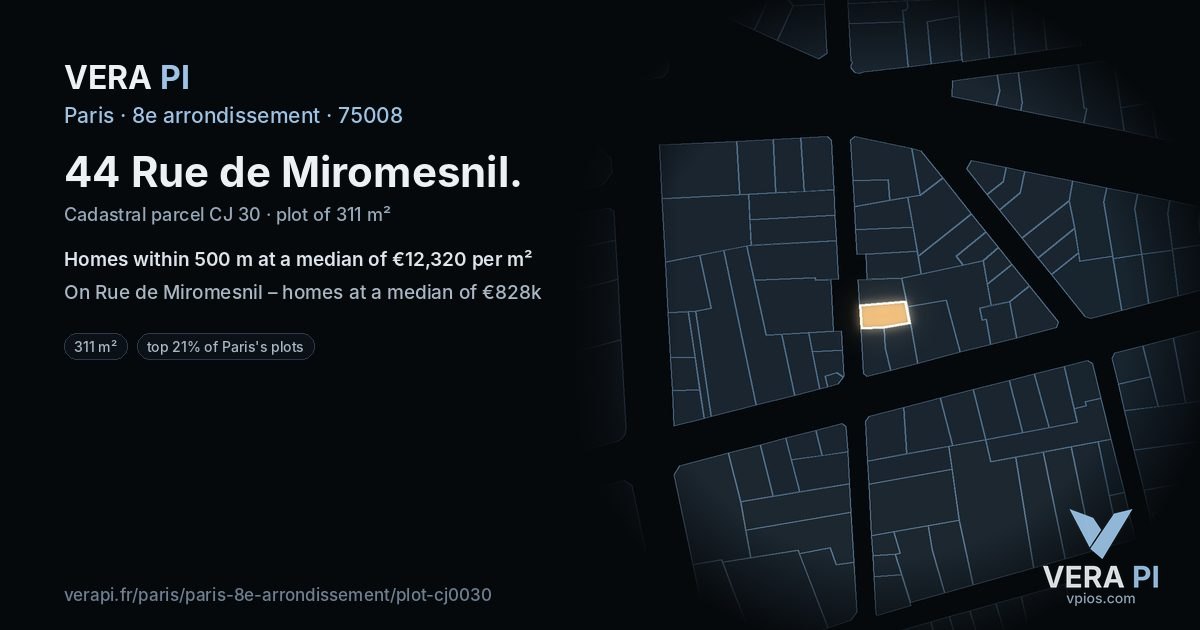 44 Rue de Miromesnil, 8e arrondissement at night – the plot lit, the parcels around coloured by the prices near them