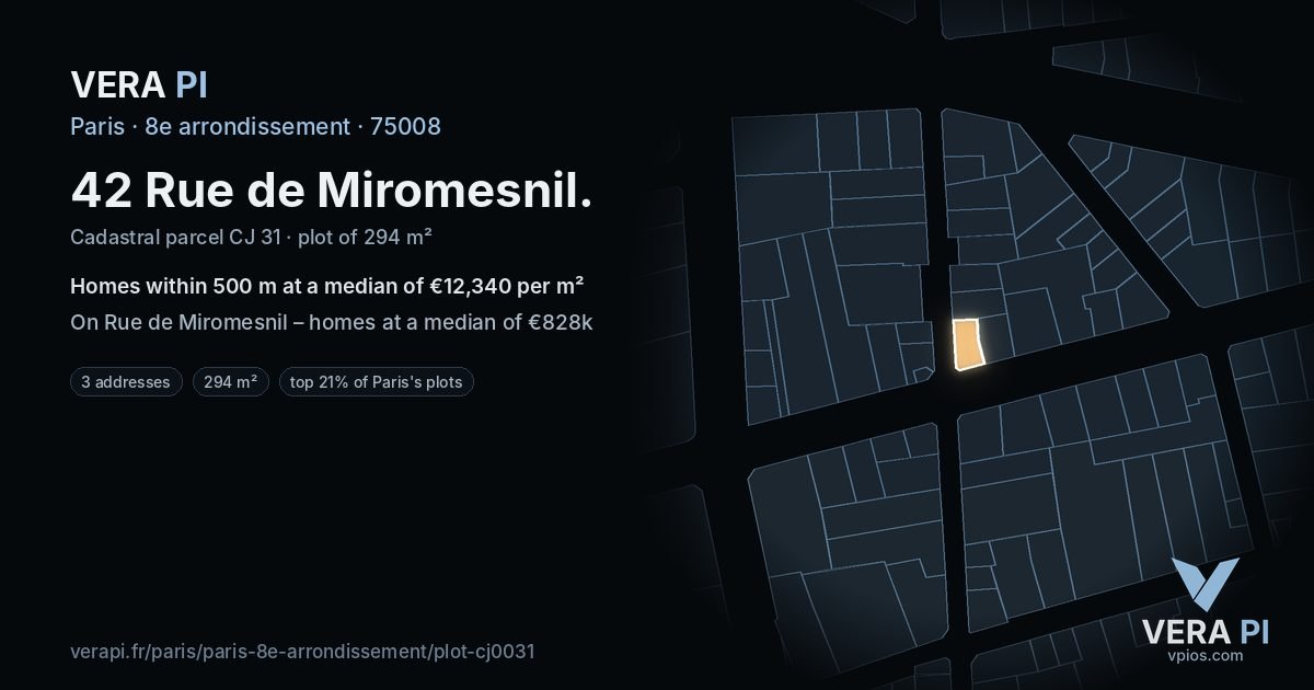 42 Rue de Miromesnil, 8e arrondissement at night – the plot lit, the parcels around coloured by the prices near them