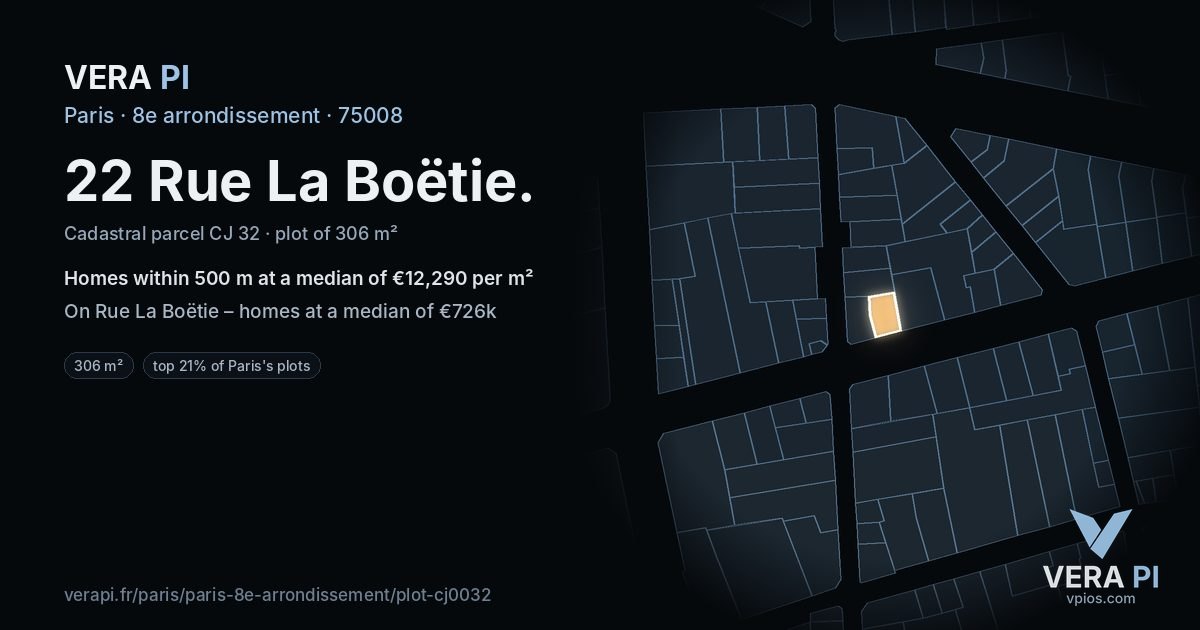 22 Rue La Boëtie, 8e arrondissement at night – the plot lit, the parcels around coloured by the prices near them