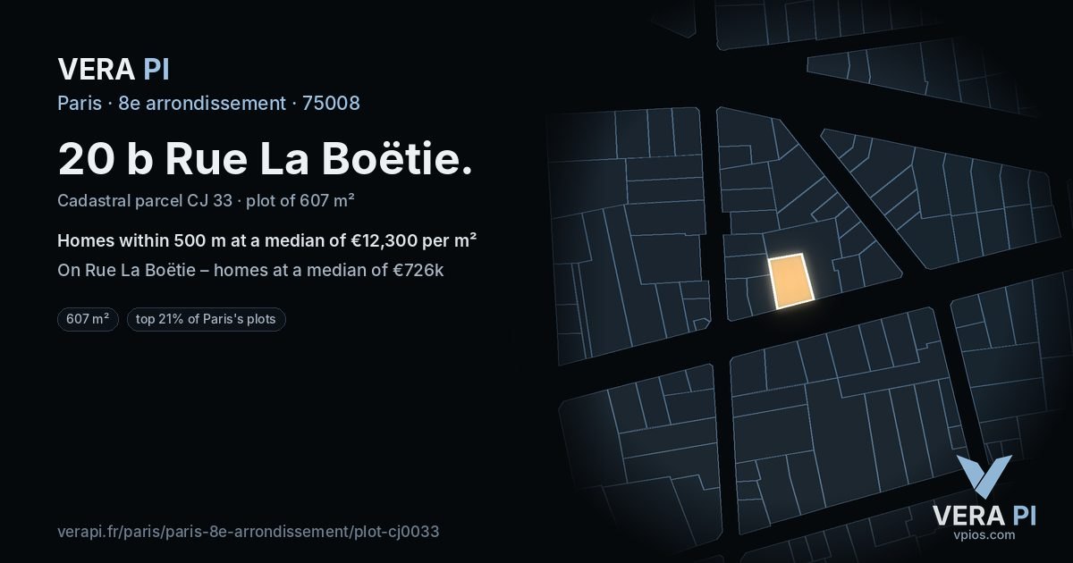 20 b Rue La Boëtie, 8e arrondissement at night – the plot lit, the parcels around coloured by the prices near them