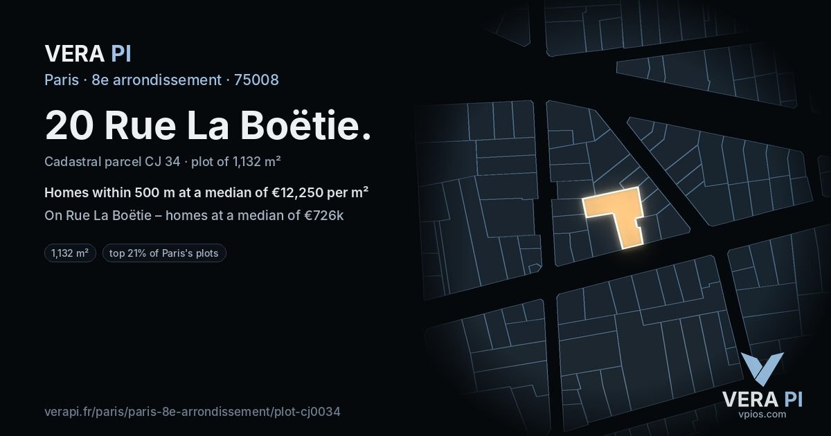 20 Rue La Boëtie, 8e arrondissement at night – the plot lit, the parcels around coloured by the prices near them