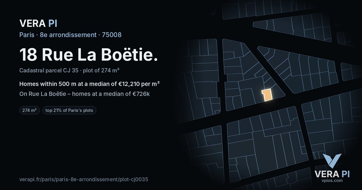 18 Rue La Boëtie, 8e arrondissement at night – the plot lit, the parcels around coloured by the prices near them