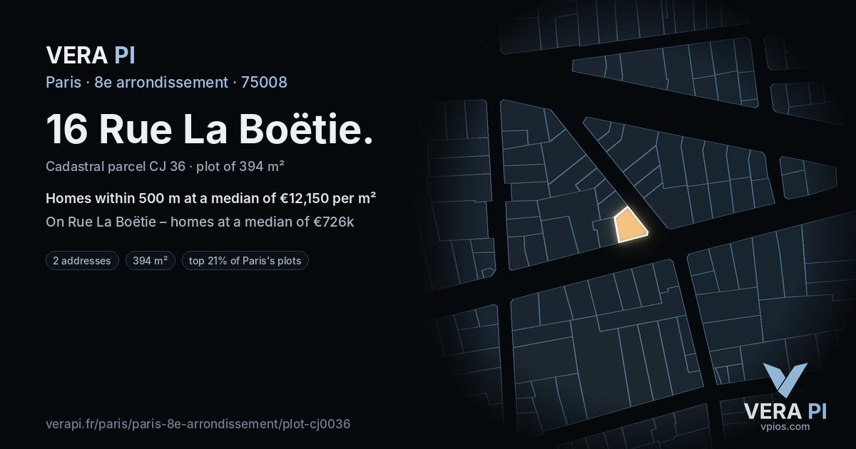 16 Rue La Boëtie, 8e arrondissement at night – the plot lit, the parcels around coloured by the prices near them