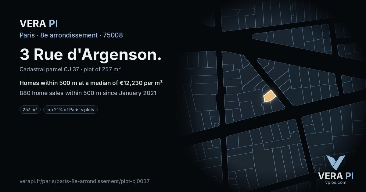 3 Rue d'Argenson, 8e arrondissement at night – the plot lit, the parcels around coloured by the prices near them