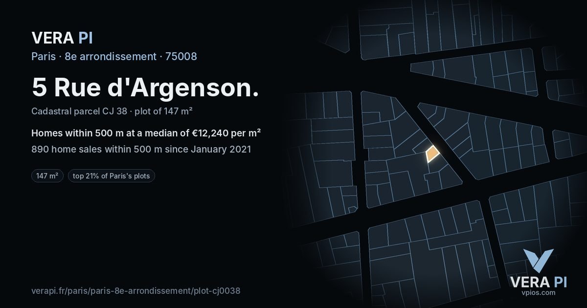 5 Rue d'Argenson, 8e arrondissement at night – the plot lit, the parcels around coloured by the prices near them