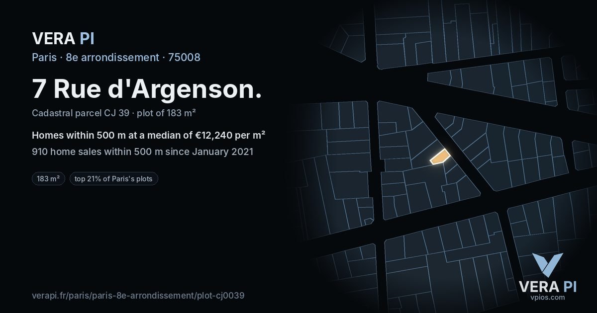 7 Rue d'Argenson, 8e arrondissement at night – the plot lit, the parcels around coloured by the prices near them