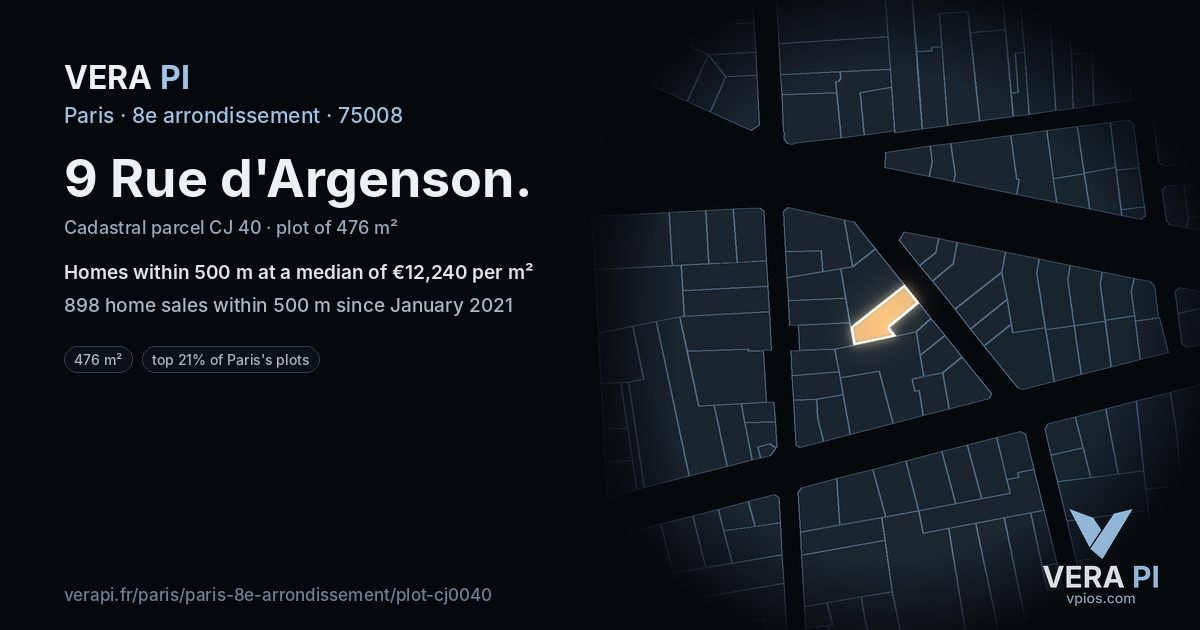 9 Rue d'Argenson, 8e arrondissement at night – the plot lit, the parcels around coloured by the prices near them
