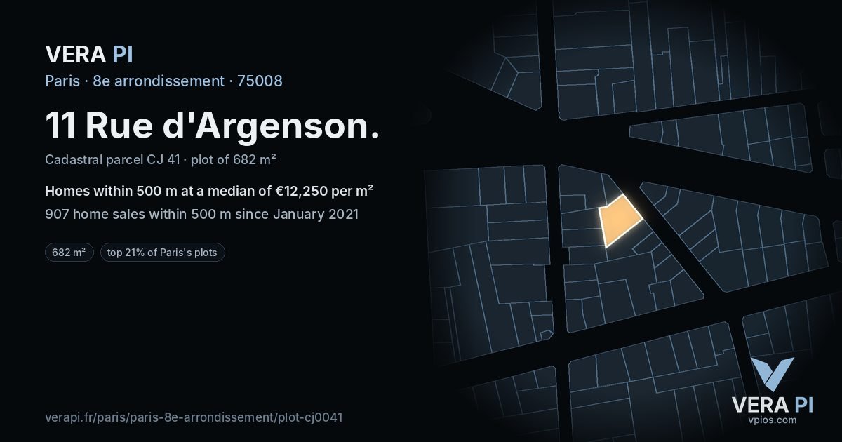 11 Rue d'Argenson, 8e arrondissement at night – the plot lit, the parcels around coloured by the prices near them