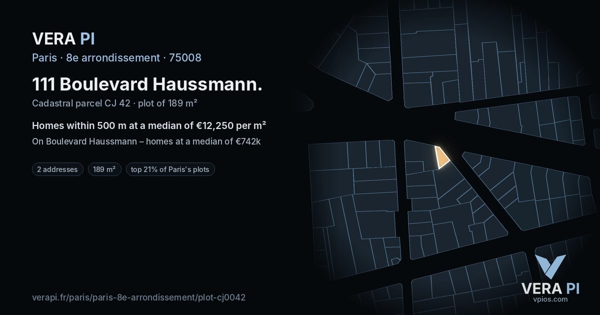 111 Boulevard Haussmann, 8e arrondissement at night – the plot lit, the parcels around coloured by the prices near them