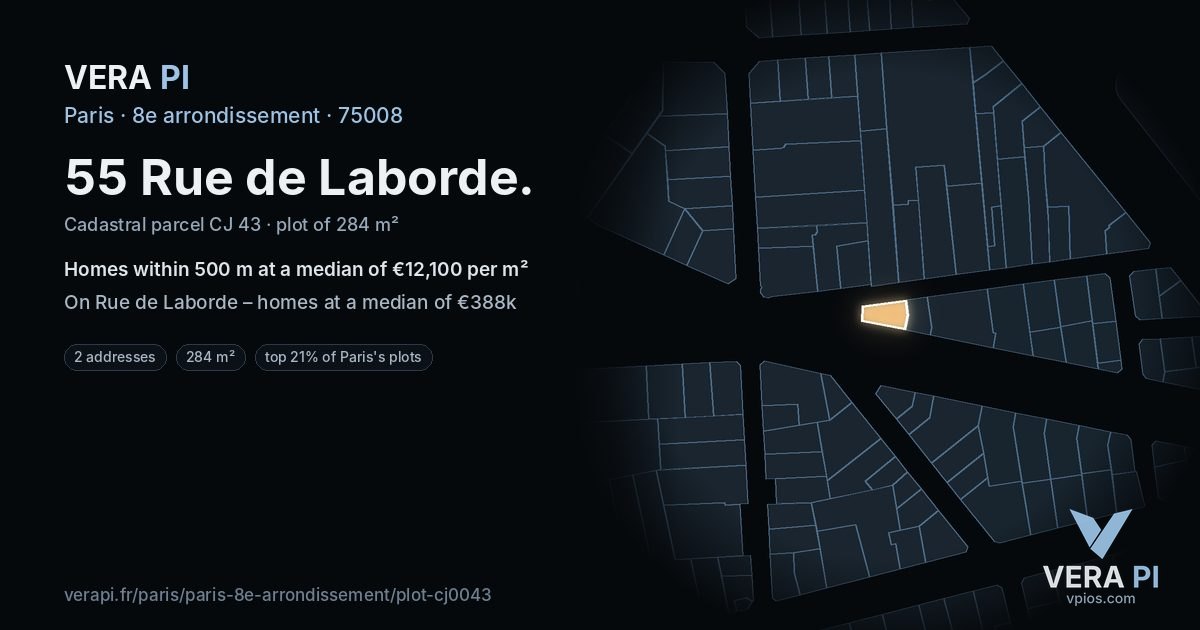 55 Rue de Laborde, 8e arrondissement at night – the plot lit, the parcels around coloured by the prices near them