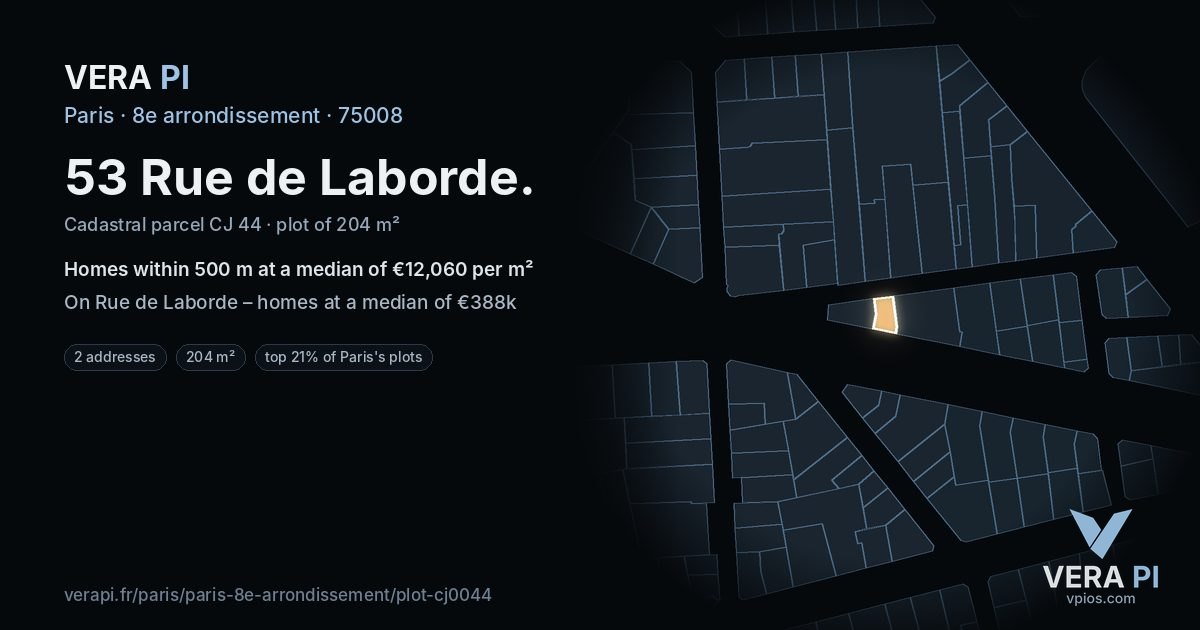 53 Rue de Laborde, 8e arrondissement at night – the plot lit, the parcels around coloured by the prices near them