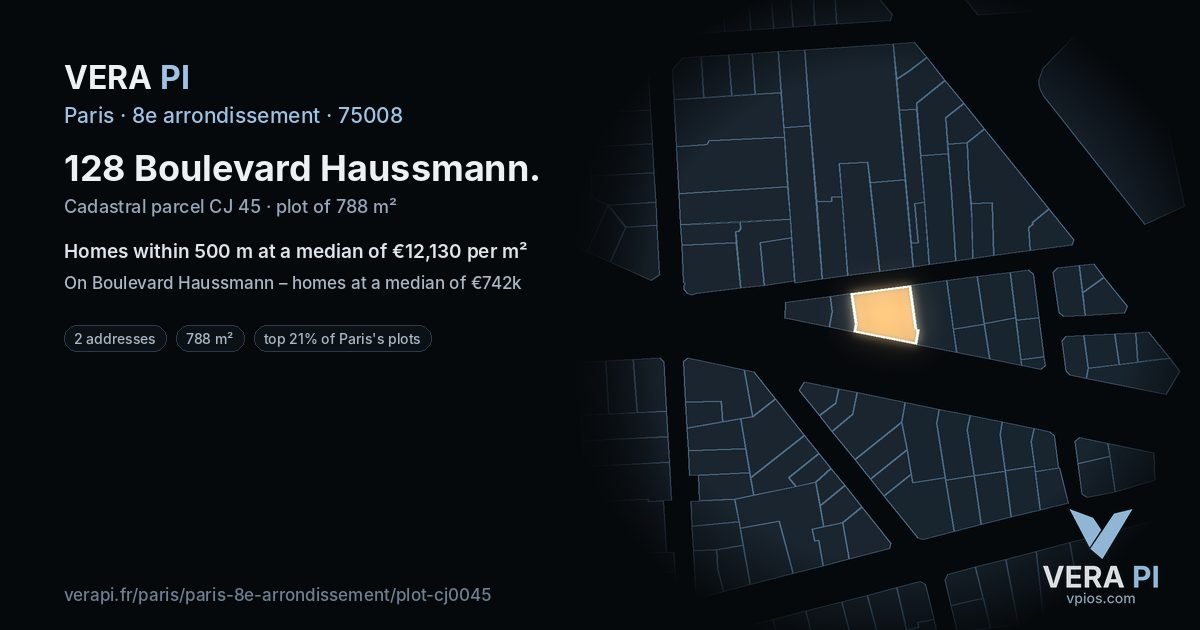128 Boulevard Haussmann, 8e arrondissement at night – the plot lit, the parcels around coloured by the prices near them