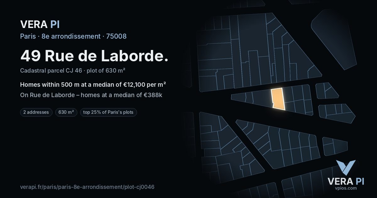 49 Rue de Laborde, 8e arrondissement at night – the plot lit, the parcels around coloured by the prices near them