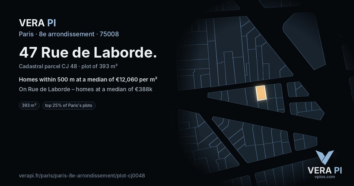 47 Rue de Laborde, 8e arrondissement at night – the plot lit, the parcels around coloured by the prices near them