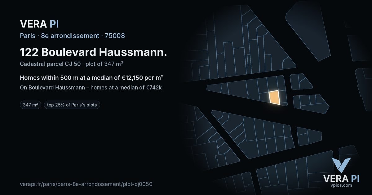 122 Boulevard Haussmann, 8e arrondissement at night – the plot lit, the parcels around coloured by the prices near them