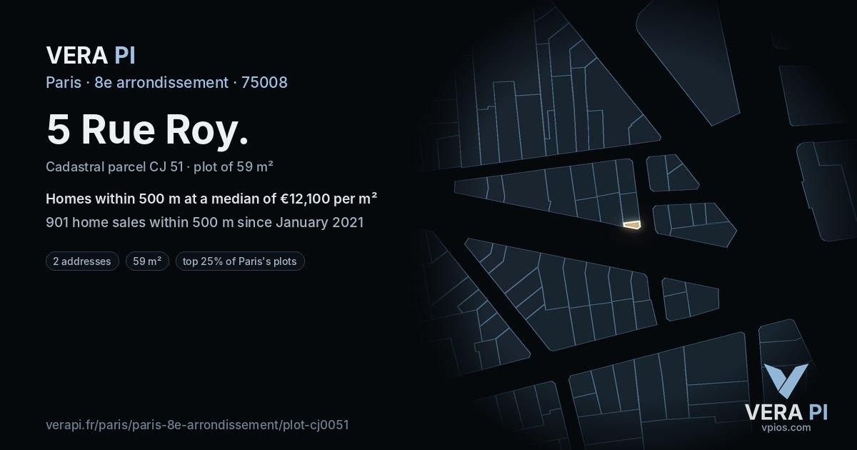 5 Rue Roy, 8e arrondissement at night – the plot lit, the parcels around coloured by the prices near them