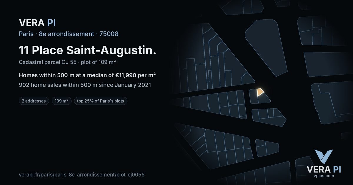 11 Place Saint-Augustin, 8e arrondissement at night – the plot lit, the parcels around coloured by the prices near them