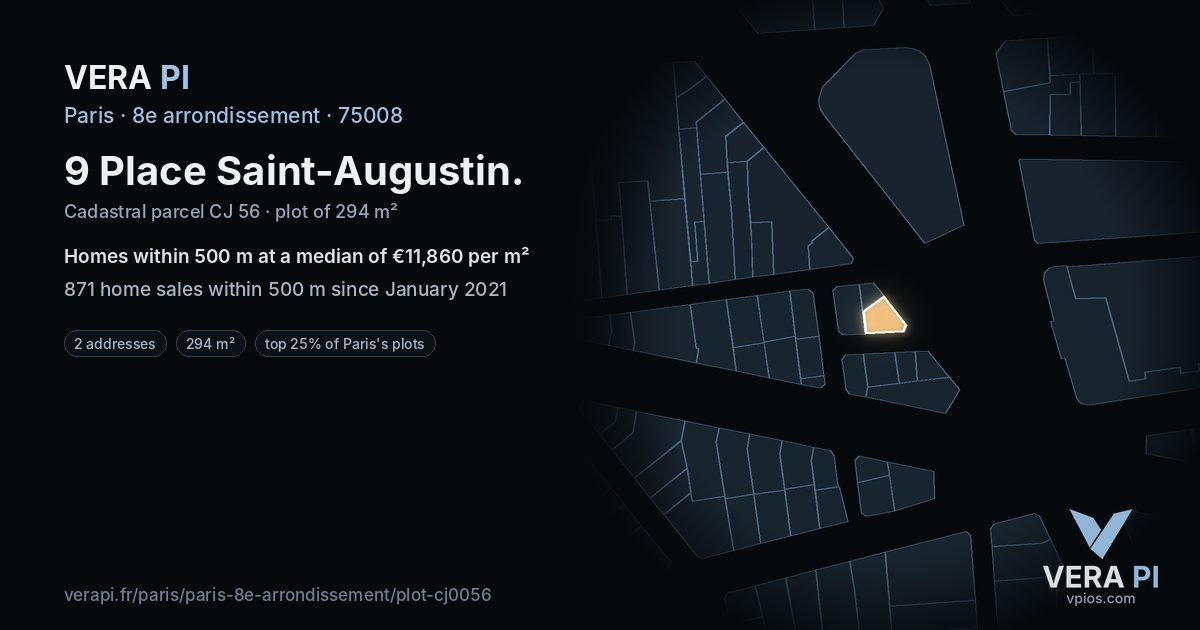 9 Place Saint-Augustin, 8e arrondissement at night – the plot lit, the parcels around coloured by the prices near them