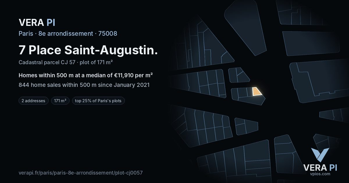 7 Place Saint-Augustin, 8e arrondissement at night – the plot lit, the parcels around coloured by the prices near them