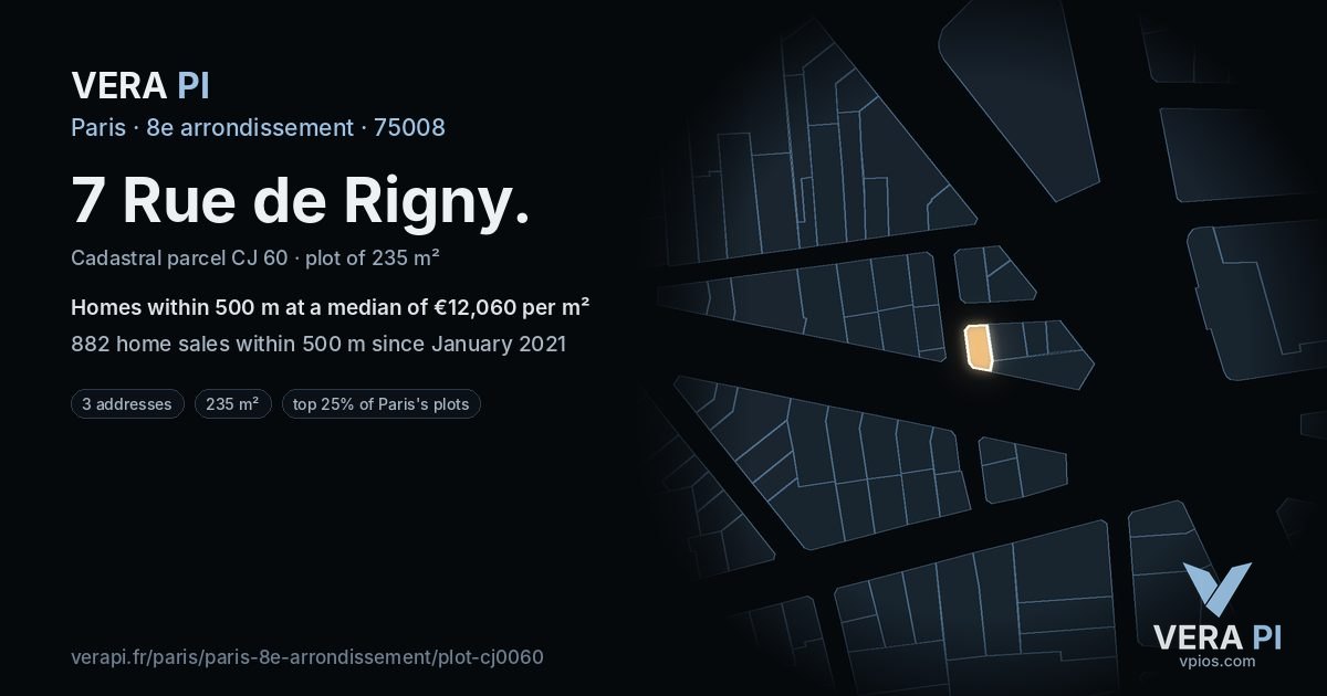 7 Rue de Rigny, 8e arrondissement at night – the plot lit, the parcels around coloured by the prices near them