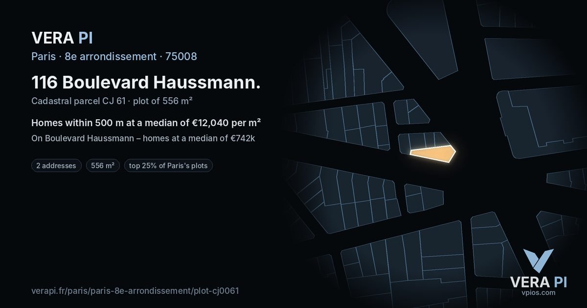 116 Boulevard Haussmann, 8e arrondissement at night – the plot lit, the parcels around coloured by the prices near them