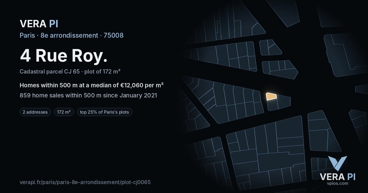 4 Rue Roy, 8e arrondissement at night – the plot lit, the parcels around coloured by the prices near them