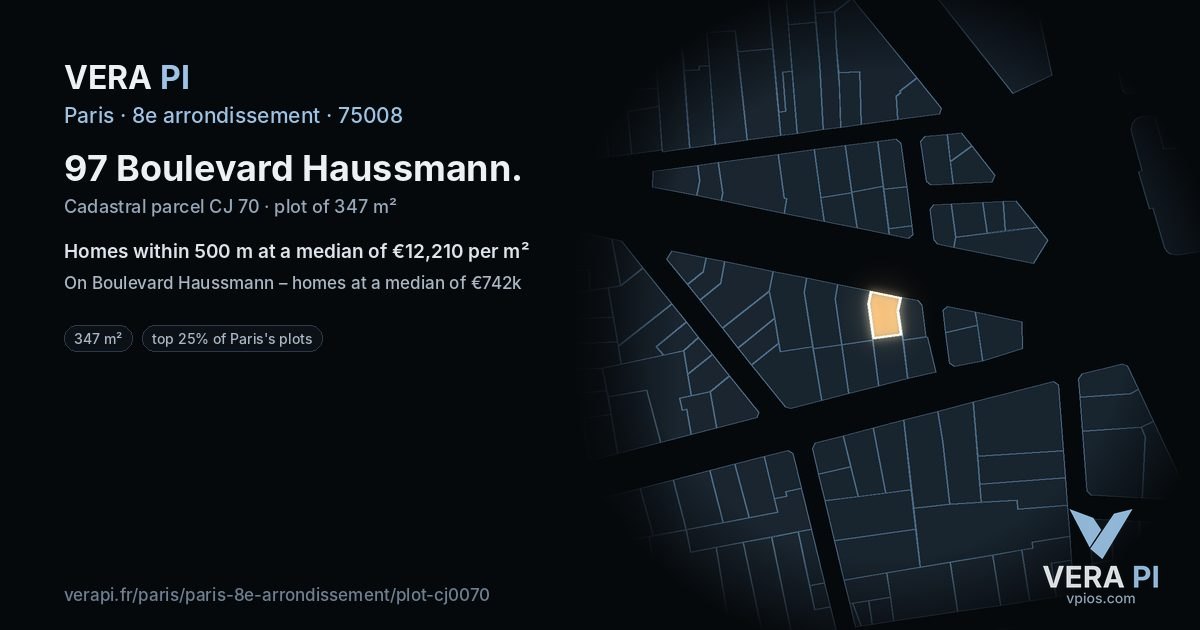 97 Boulevard Haussmann, 8e arrondissement at night – the plot lit, the parcels around coloured by the prices near them