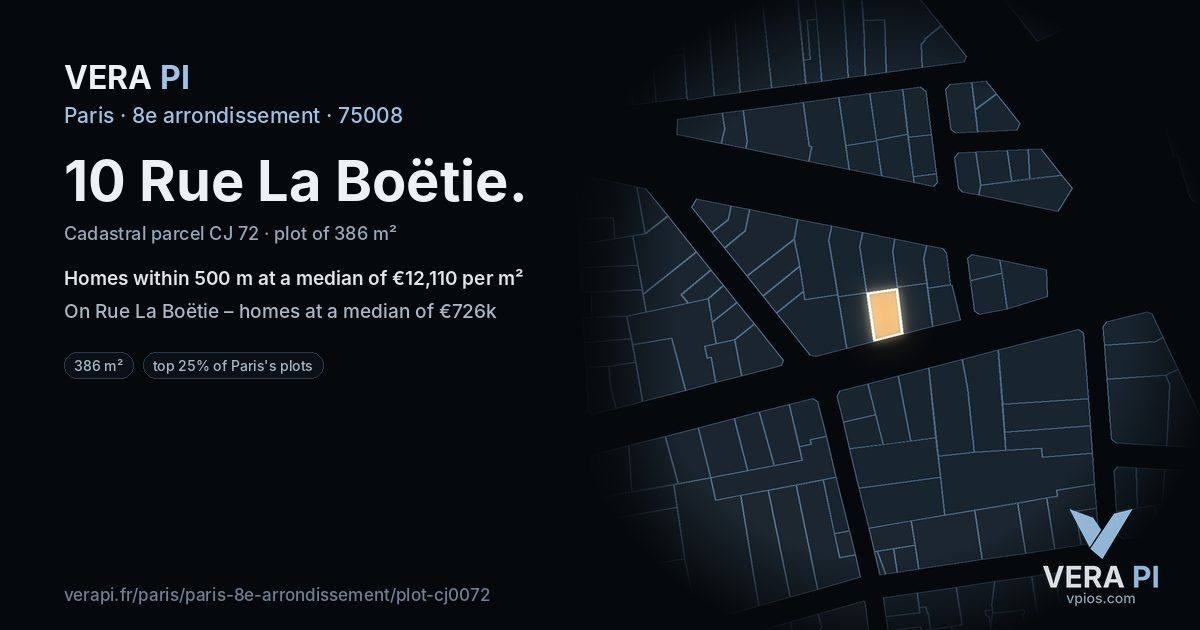 10 Rue La Boëtie, 8e arrondissement at night – the plot lit, the parcels around coloured by the prices near them
