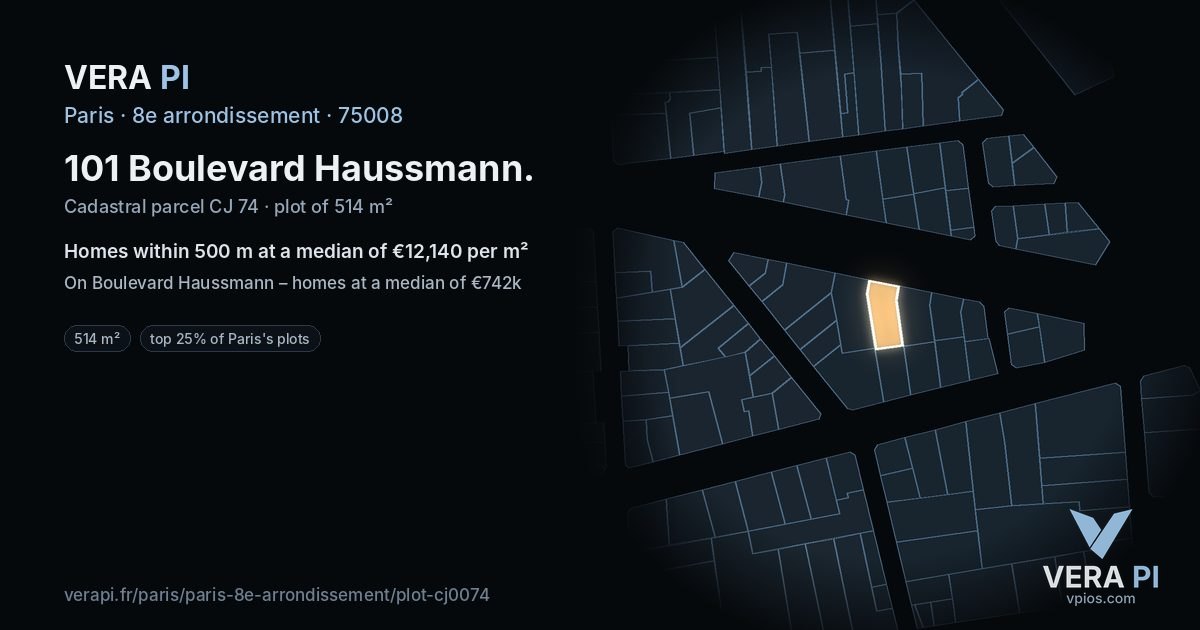101 Boulevard Haussmann, 8e arrondissement at night – the plot lit, the parcels around coloured by the prices near them