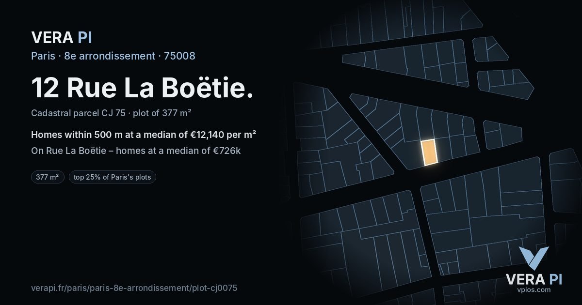 12 Rue La Boëtie, 8e arrondissement at night – the plot lit, the parcels around coloured by the prices near them