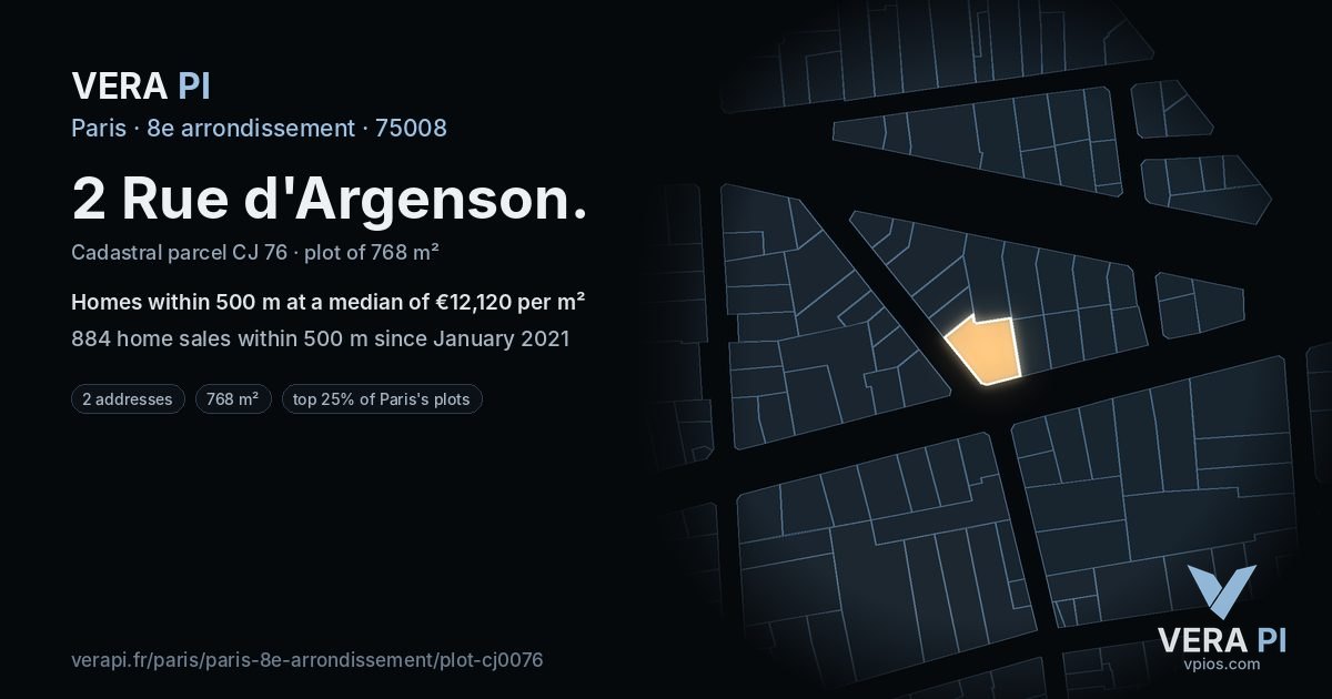 2 Rue d'Argenson, 8e arrondissement at night – the plot lit, the parcels around coloured by the prices near them