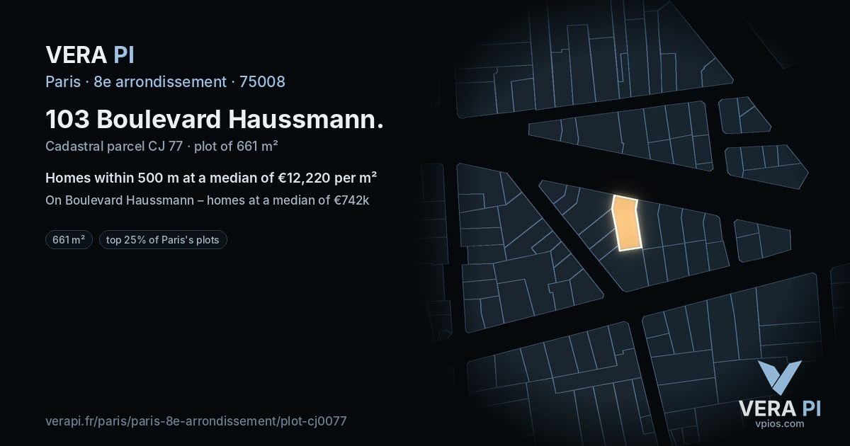 103 Boulevard Haussmann, 8e arrondissement at night – the plot lit, the parcels around coloured by the prices near them