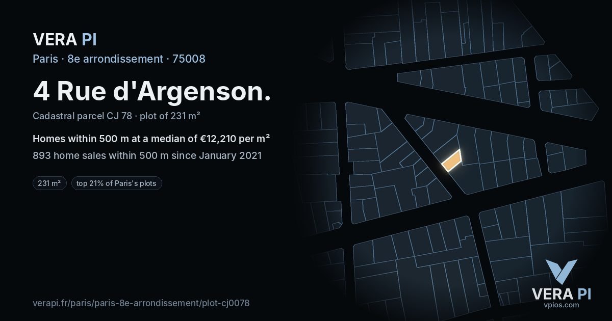 4 Rue d'Argenson, 8e arrondissement at night – the plot lit, the parcels around coloured by the prices near them