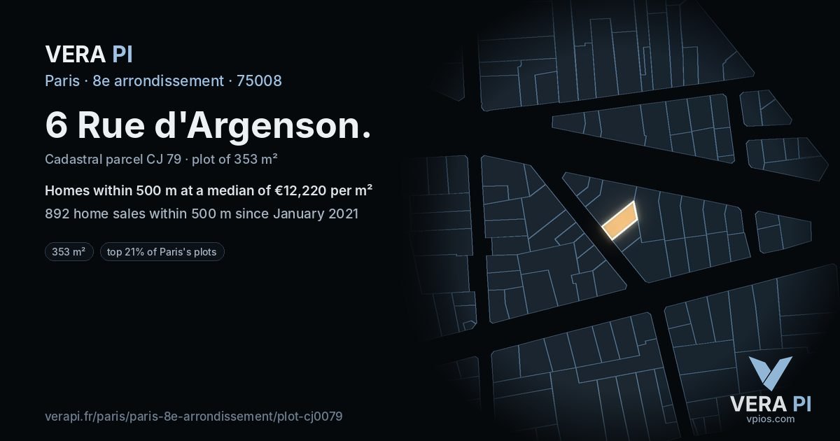 6 Rue d'Argenson, 8e arrondissement at night – the plot lit, the parcels around coloured by the prices near them