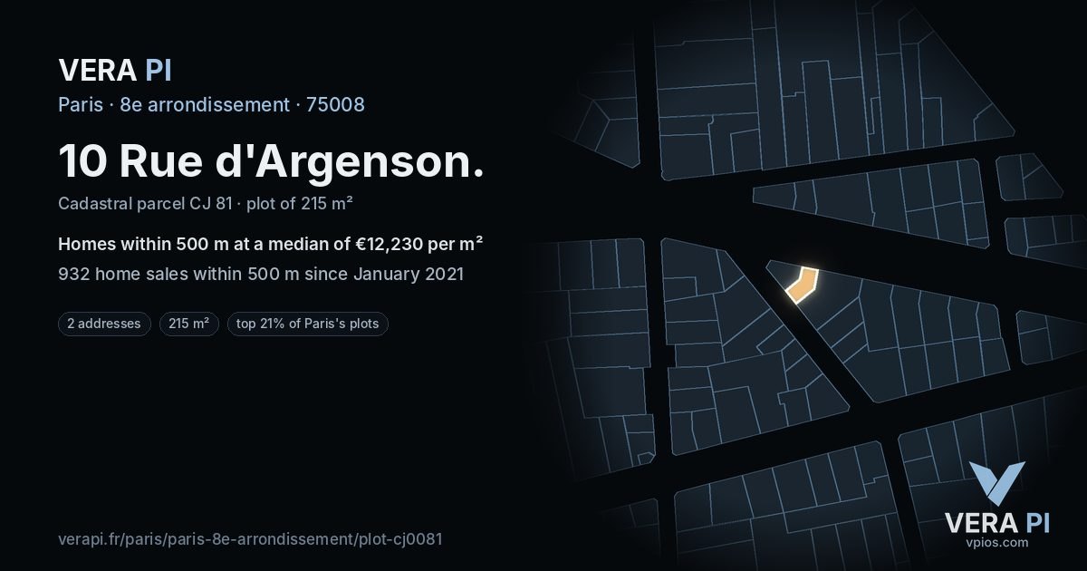 10 Rue d'Argenson, 8e arrondissement at night – the plot lit, the parcels around coloured by the prices near them