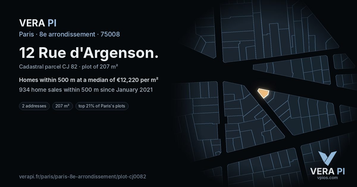 12 Rue d'Argenson, 8e arrondissement at night – the plot lit, the parcels around coloured by the prices near them