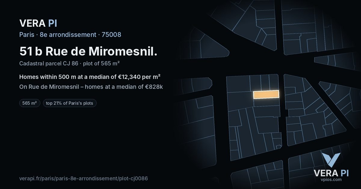51 b Rue de Miromesnil, 8e arrondissement at night – the plot lit, the parcels around coloured by the prices near them
