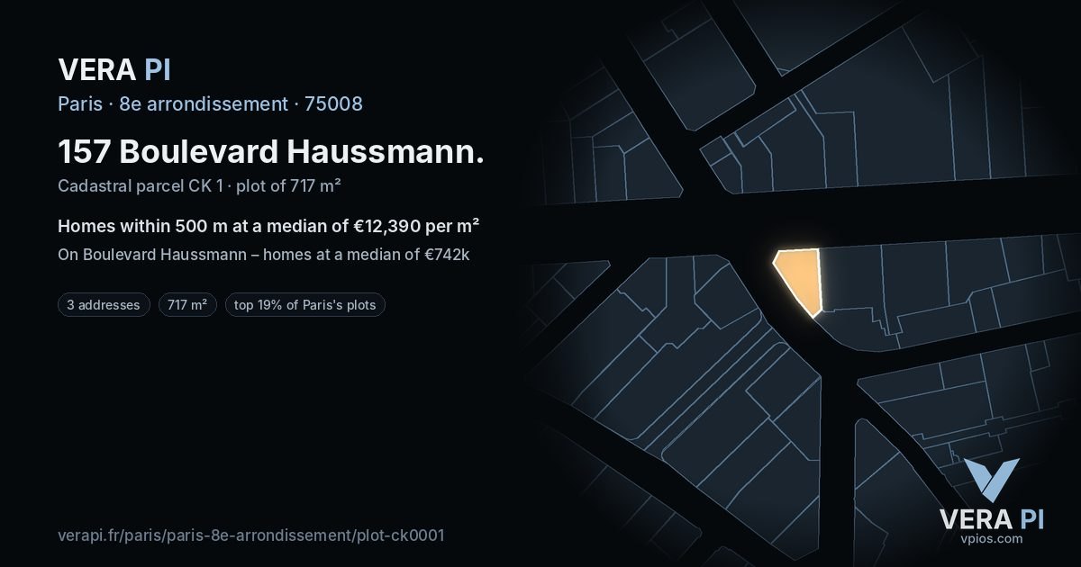 157 Boulevard Haussmann, 8e arrondissement at night – the plot lit, the parcels around coloured by the prices near them