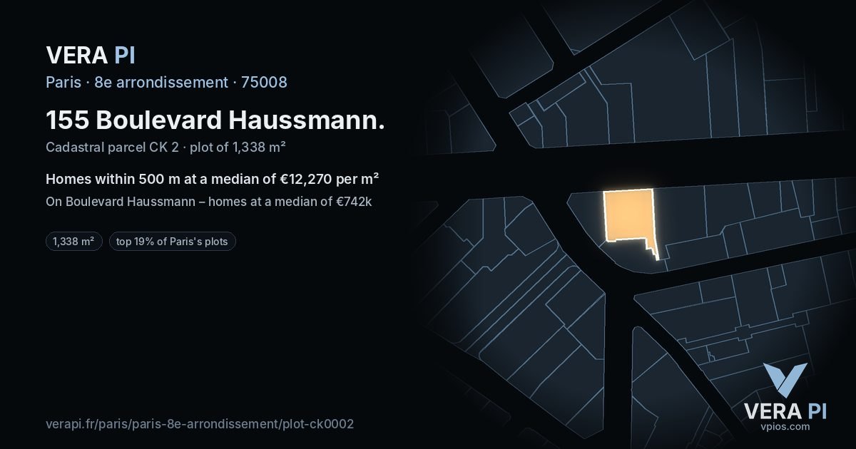 155 Boulevard Haussmann, 8e arrondissement at night – the plot lit, the parcels around coloured by the prices near them