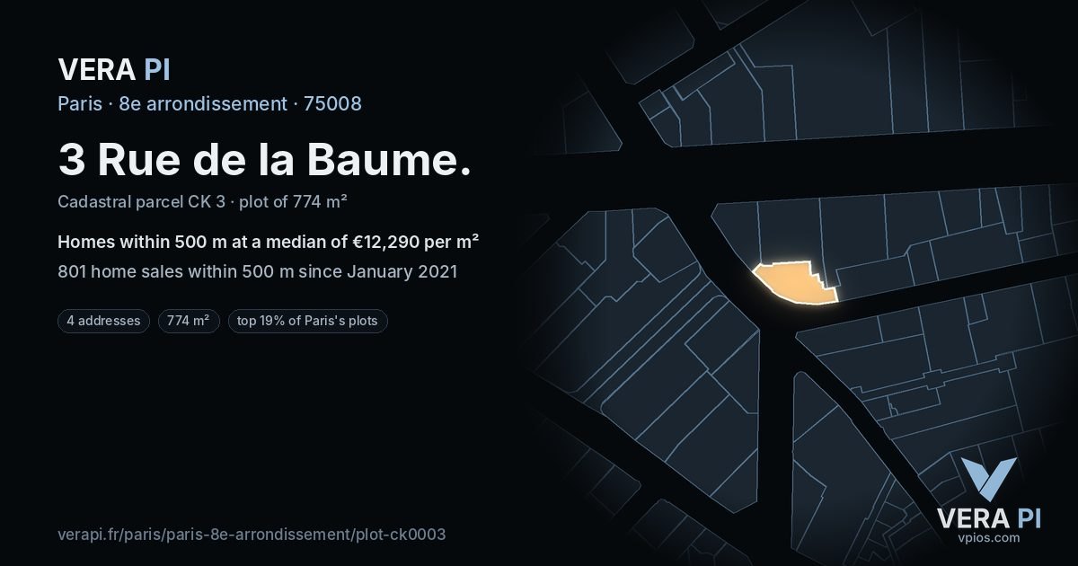 3 Rue de la Baume, 8e arrondissement at night – the plot lit, the parcels around coloured by the prices near them