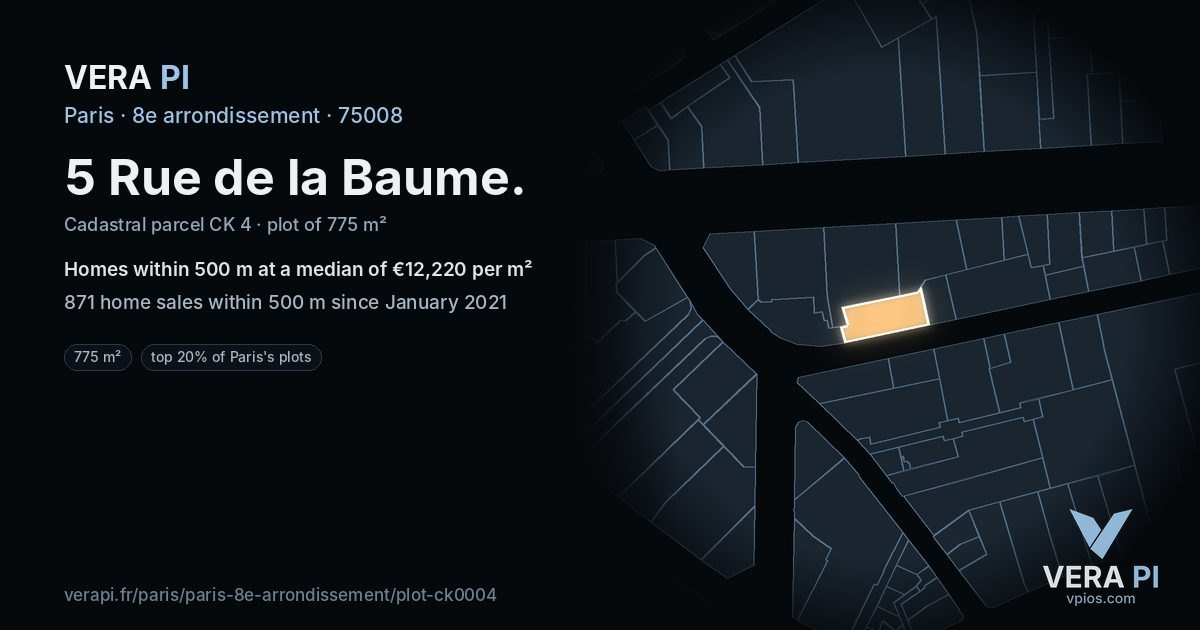 5 Rue de la Baume, 8e arrondissement at night – the plot lit, the parcels around coloured by the prices near them