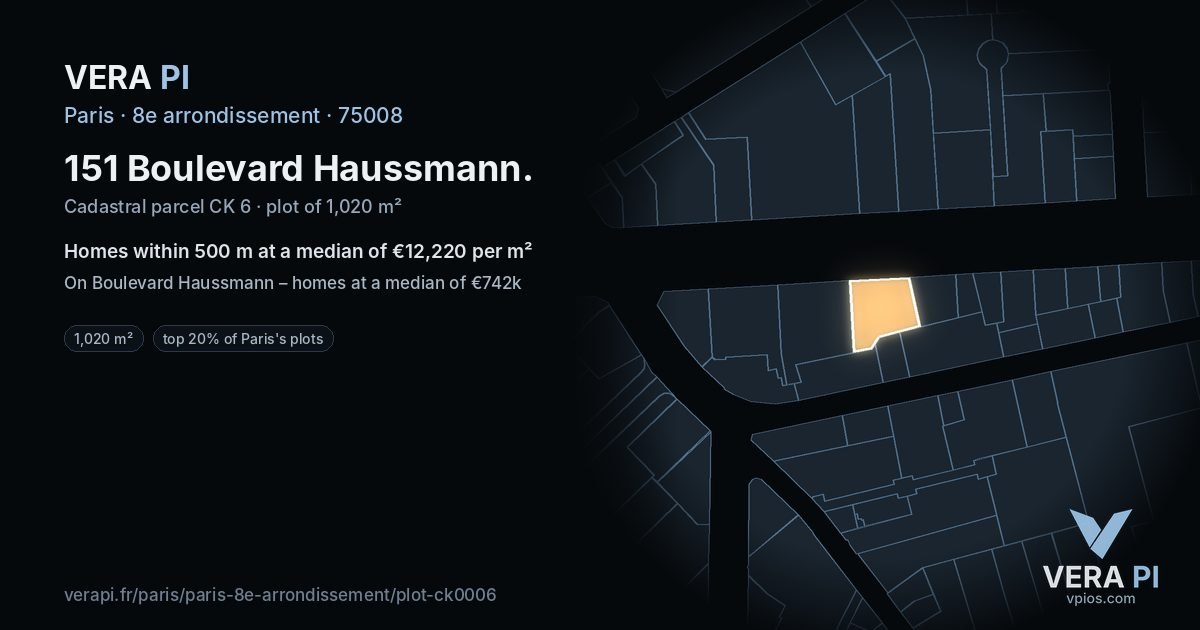 151 Boulevard Haussmann, 8e arrondissement at night – the plot lit, the parcels around coloured by the prices near them