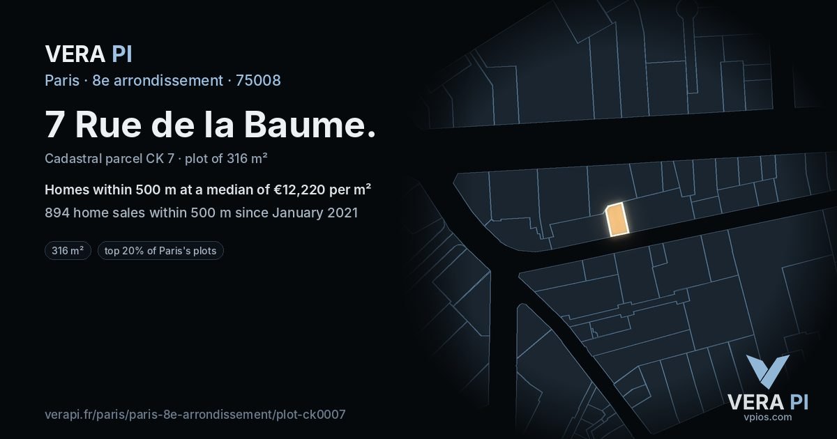7 Rue de la Baume, 8e arrondissement at night – the plot lit, the parcels around coloured by the prices near them