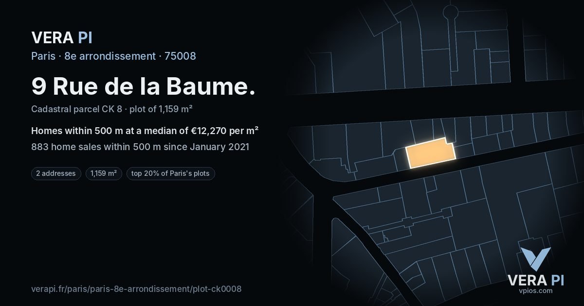 9 Rue de la Baume, 8e arrondissement at night – the plot lit, the parcels around coloured by the prices near them