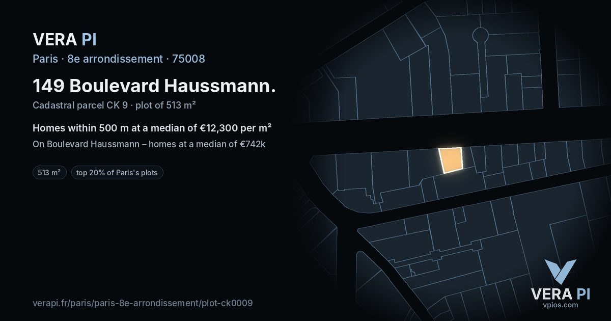 149 Boulevard Haussmann, 8e arrondissement at night – the plot lit, the parcels around coloured by the prices near them
